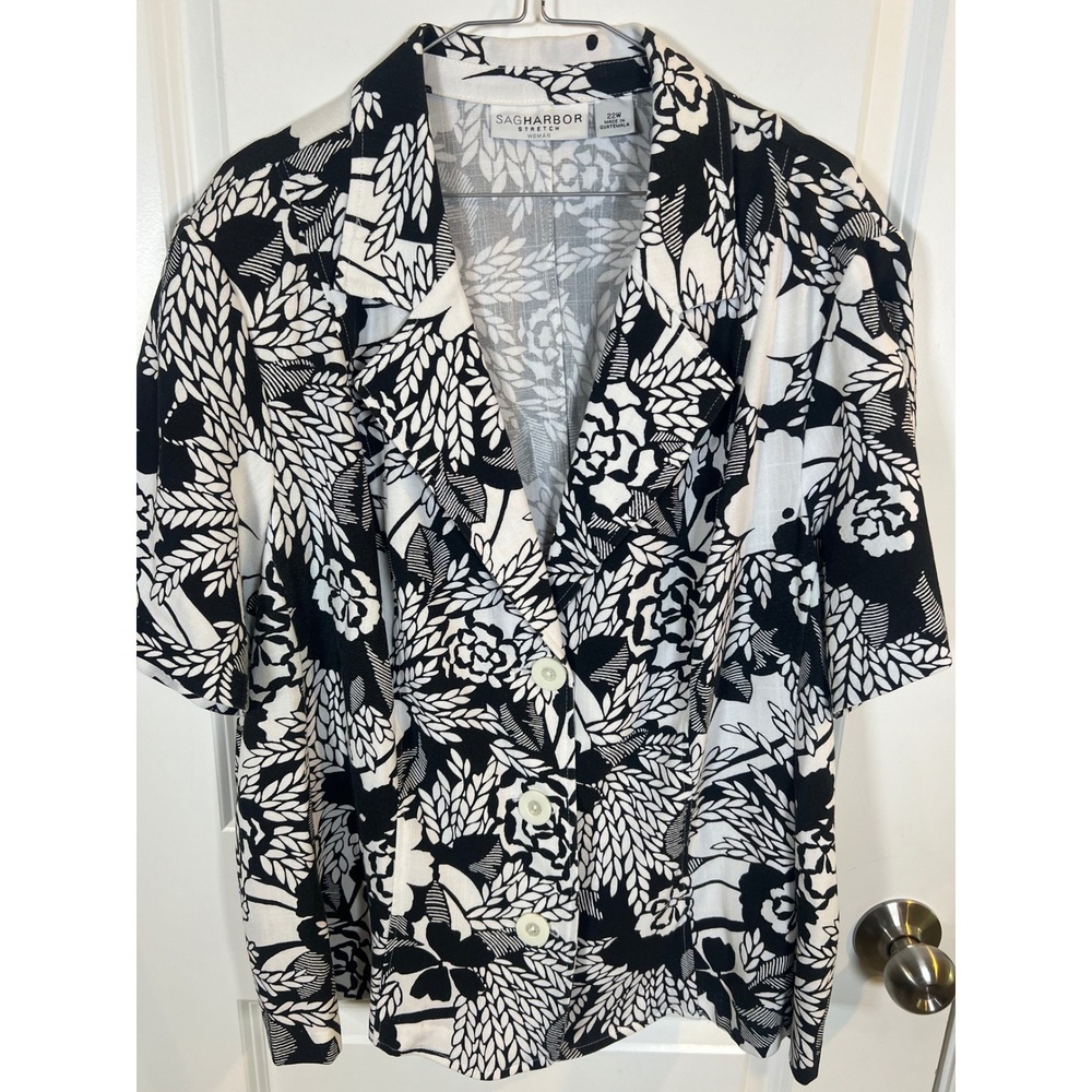 Sag Harbor Women Top Floral‎ Botanical Print Black White 22W